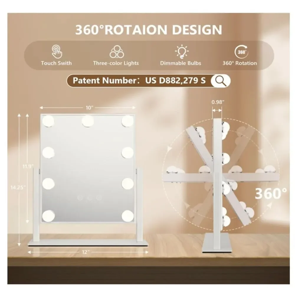 Vanity Mirror 9 LED Bulbs, Touch Control, 3 Colors Light, 360° Rotation